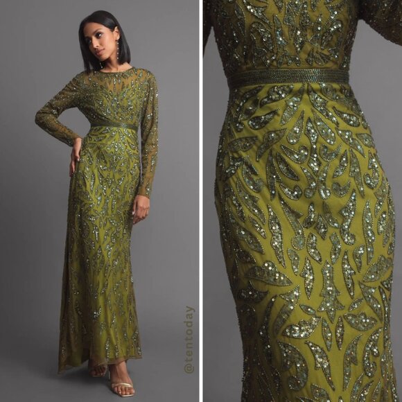 Mac Duggal 5124 Size 6 Olive Green Beaded Long Sleeve Evening Gown‎ Maxi Dress - Picture 1 of 6